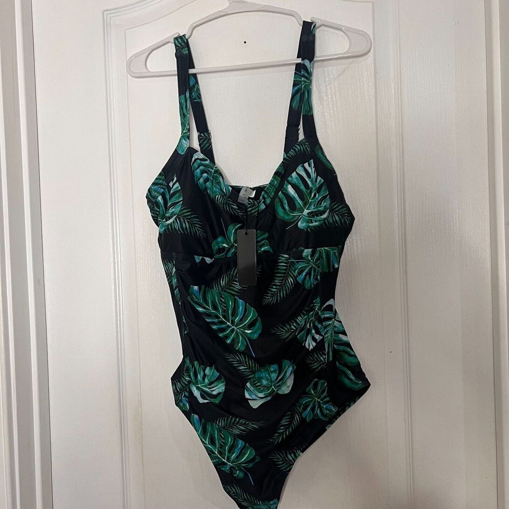 Tempt Me Womens Tropical Leaf Print One Piece Swimsuit Black Green XL Ruched NWT - Picture 3 of 12